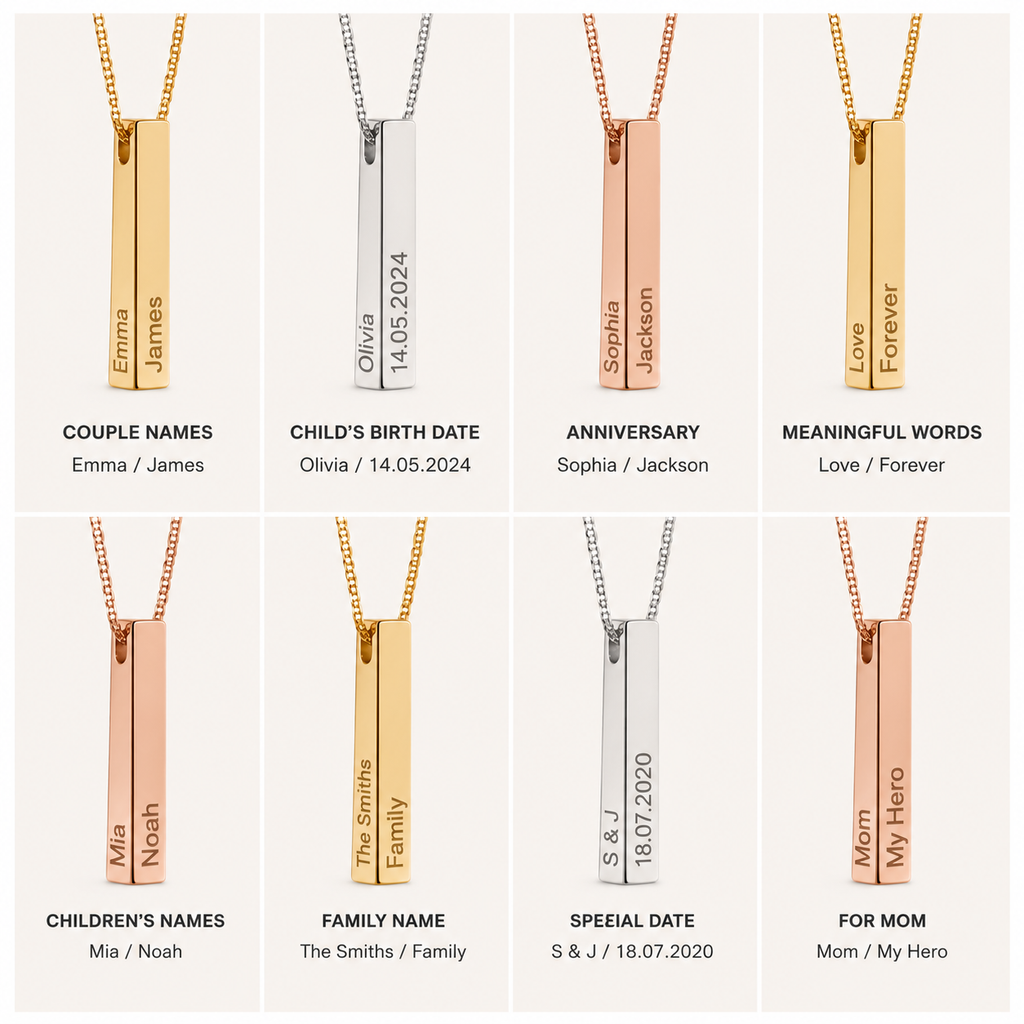 Personalized Unisex 4-Sided Engraved Bar Necklace – Custom Names, Dates & Initials