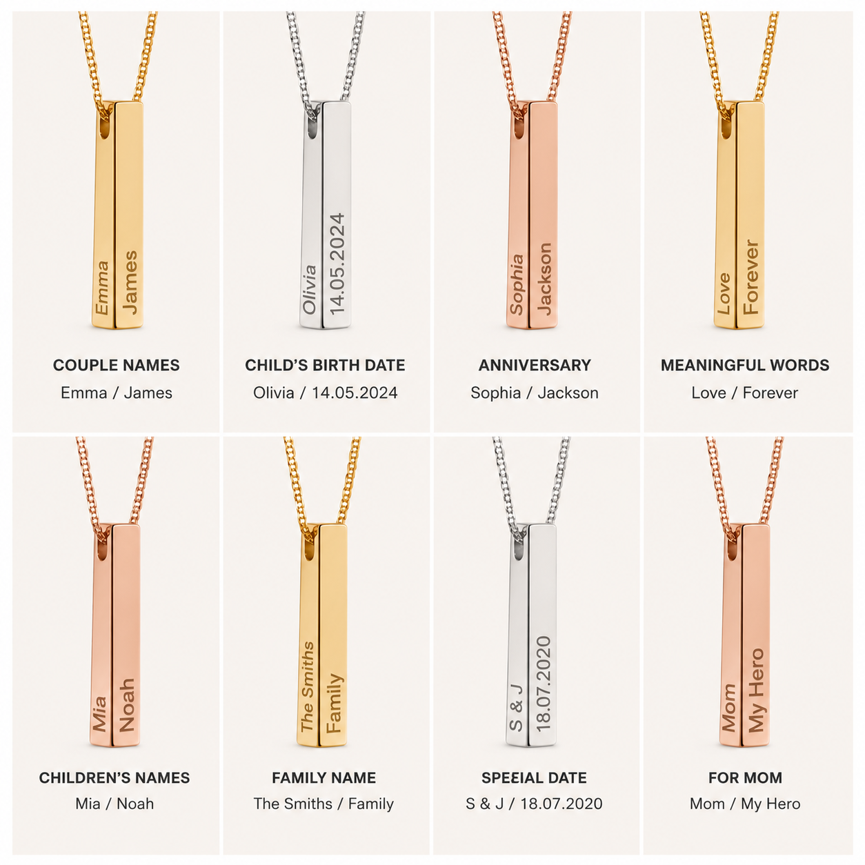 Personalized Unisex 4-Sided Engraved Bar Necklace – Custom Names, Dates & Initials