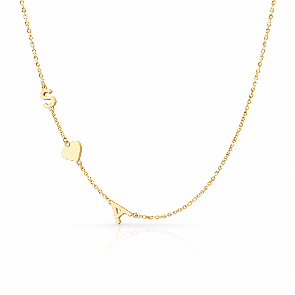Personalized Sideways Initial Necklace with Heart (1–6 Letters)