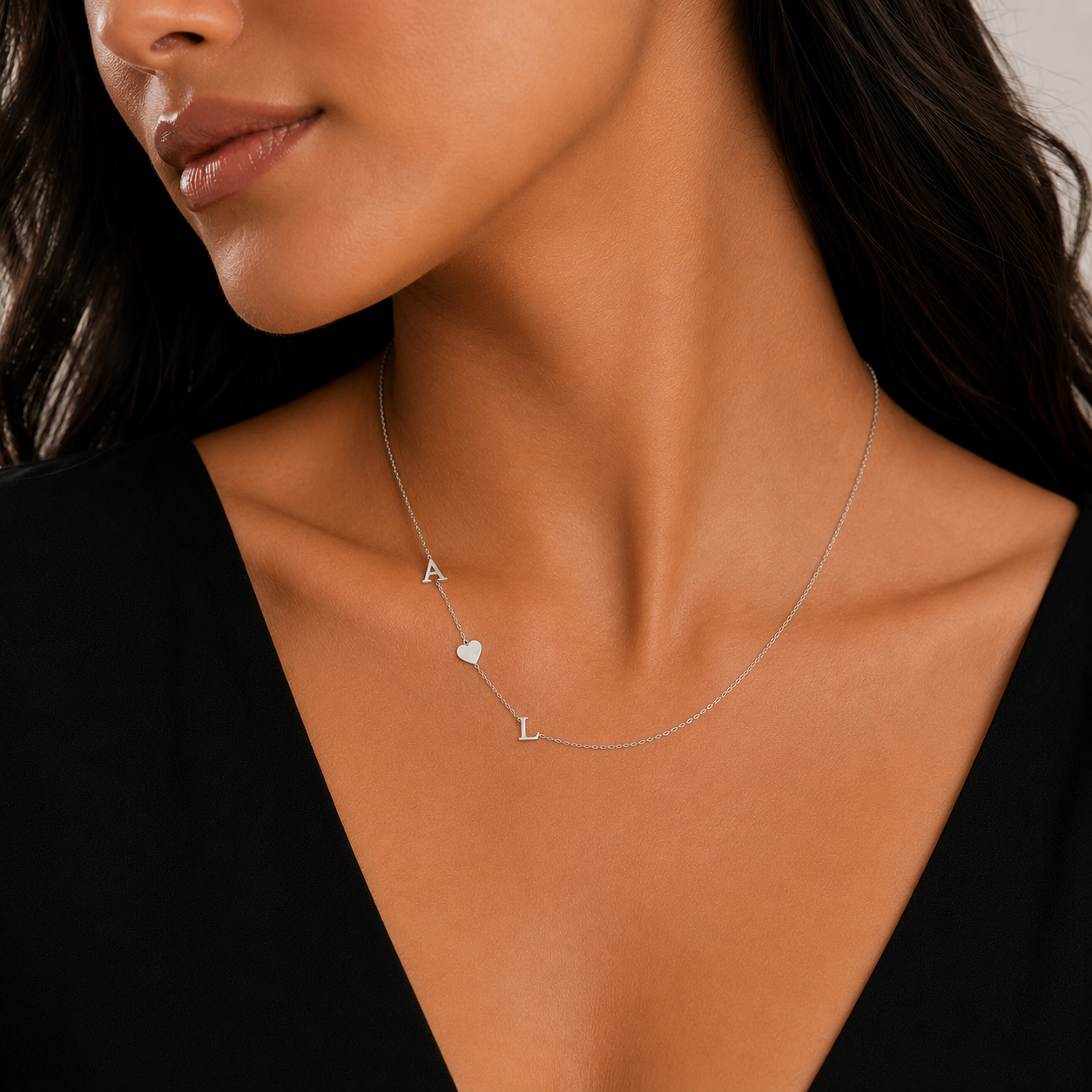 Personalized Sideways Initial Necklace with Heart (1–6 Letters)