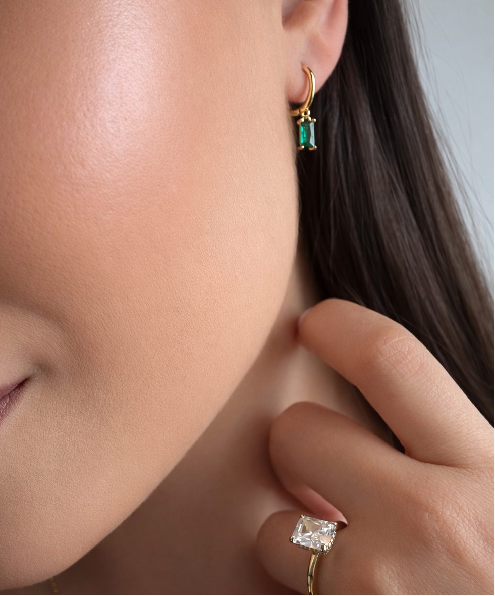 Emerald Baguette 925 Sterling Silver Huggie Earrings