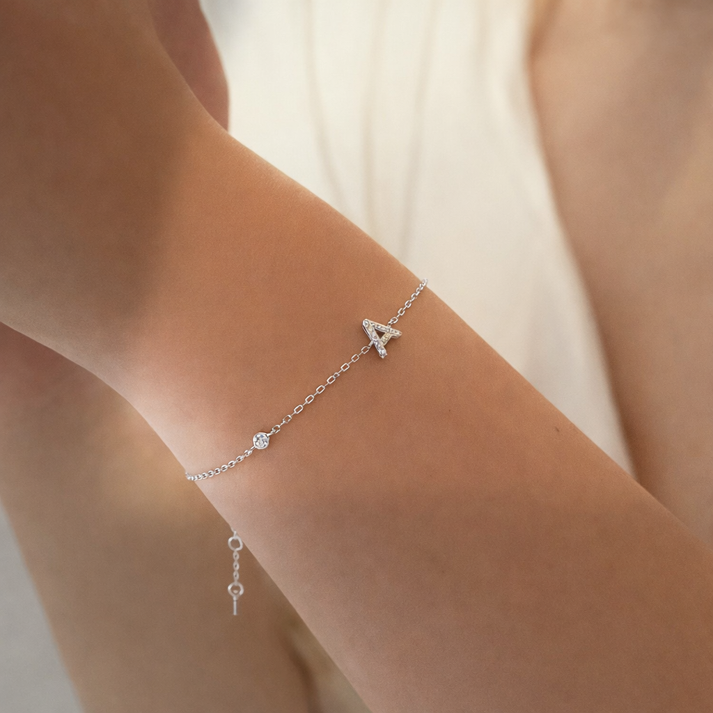 Double Crystal Letter S925 Sterling Silver Bracelet