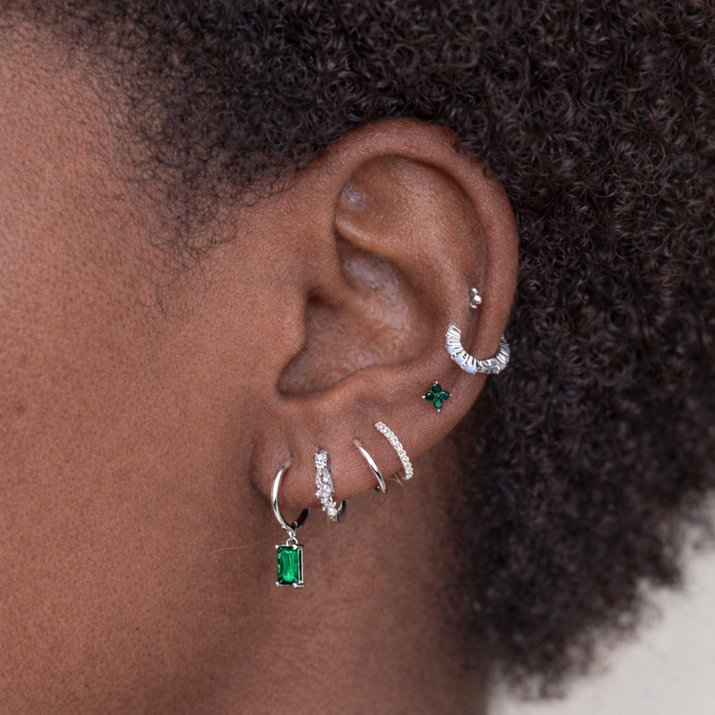 Emerald Baguette 925 Sterling Silver Huggie Earrings