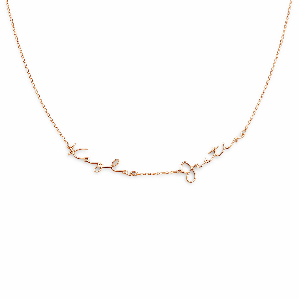 Rose gold necklace with floral designs on a white background