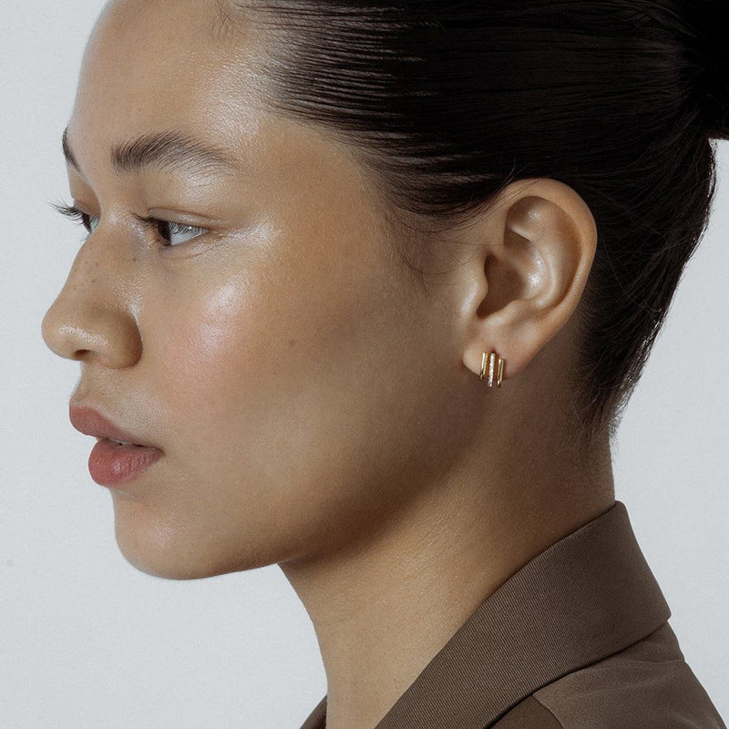 Three-Layer J-Shaped Pavé Stud Earrings in S925 Sterling Silver