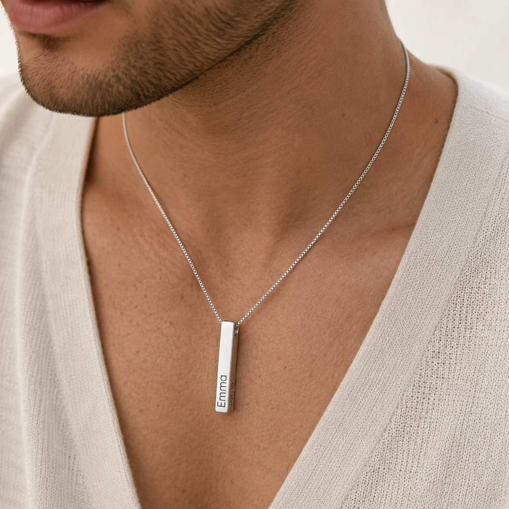 Personalized Unisex 4-Sided Engraved Bar Necklace – Custom Names, Dates & Initials