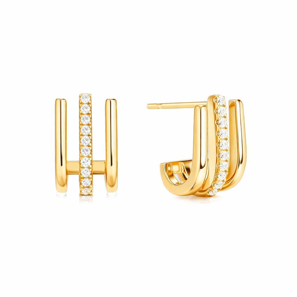 Three-Layer J-Shaped Pavé Stud Earrings in S925 Sterling Silver