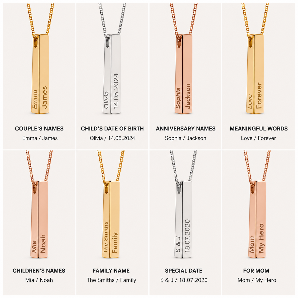 Personalized Unisex 4-Sided Engraved Bar Necklace – Custom Names, Dates & Initials