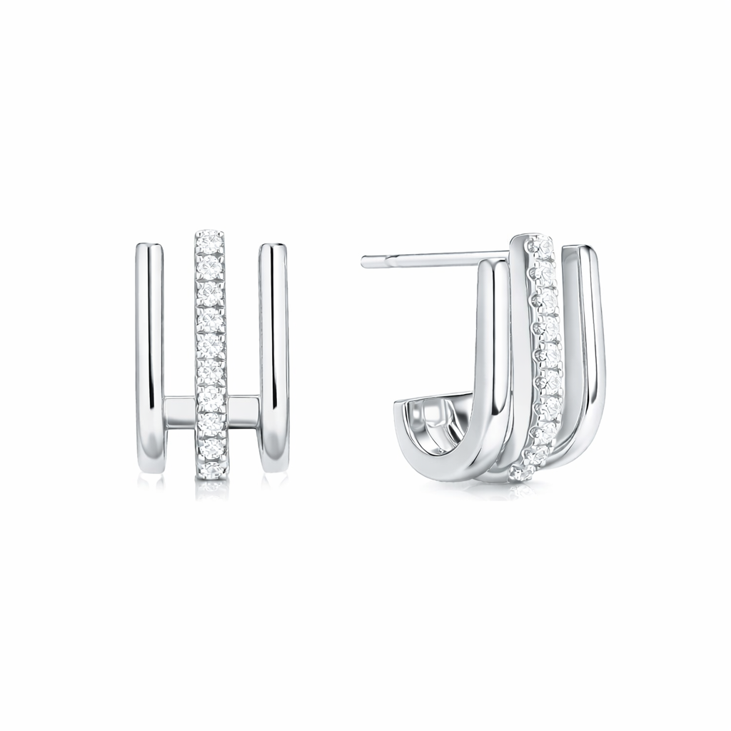 Three-Layer J-Shaped Pavé Stud Earrings in S925 Sterling Silver