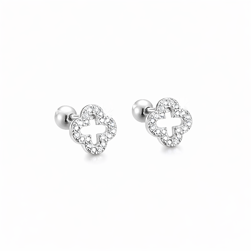 Hollow Four-Leaf Clover Pavé Stud Earrings in S925 Sterling Silver
