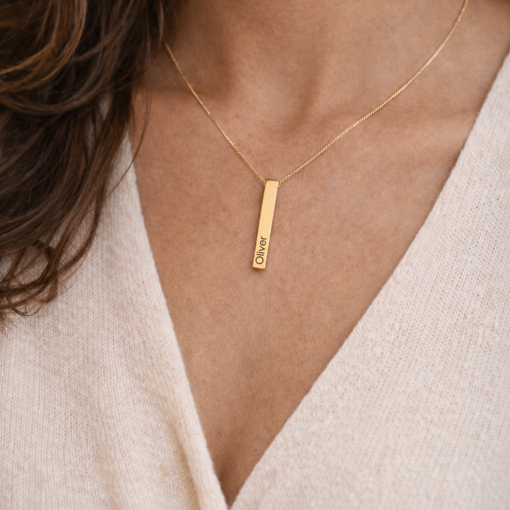 Personalized Unisex 4-Sided Engraved Bar Necklace – Custom Names, Dates & Initials